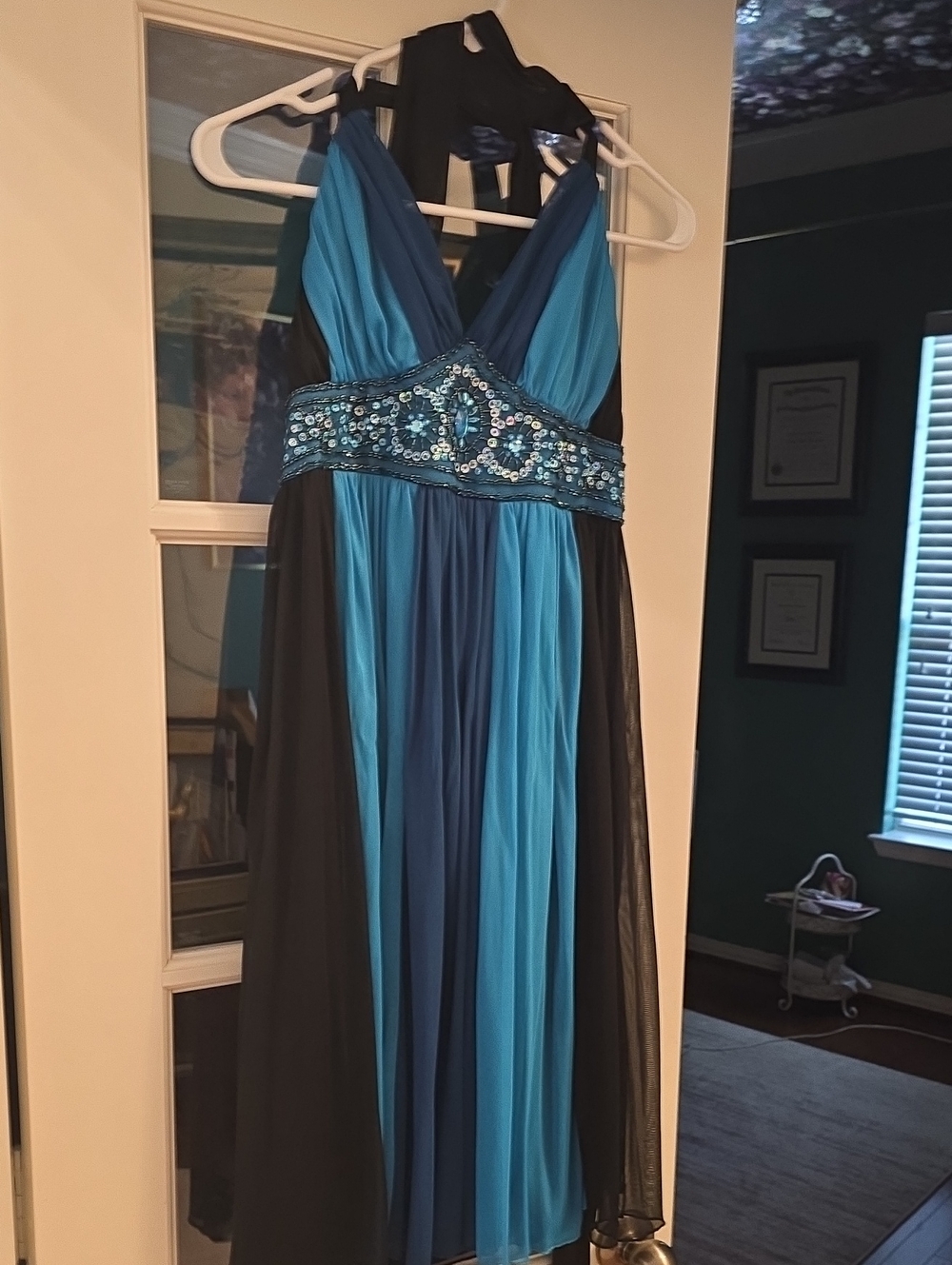 Two-Tone Blue and Black Beaded Halter Formal Dress